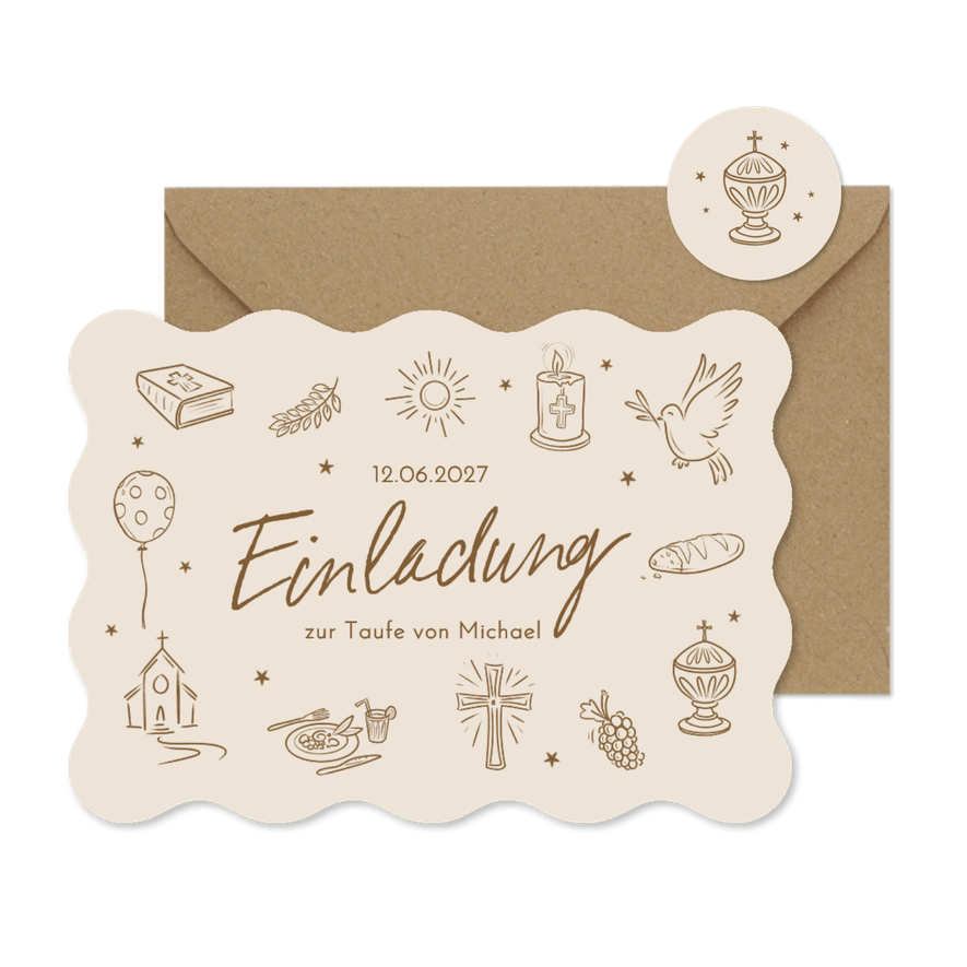 Taufkarte Wellenrand Einladung Doodles braun - Kartenvorschau