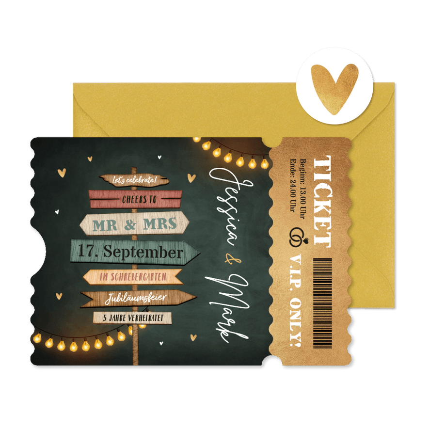 Ticket Einladung Hochzeitsjubiläum Gartenfest Wegweiser - Kartenvorschau