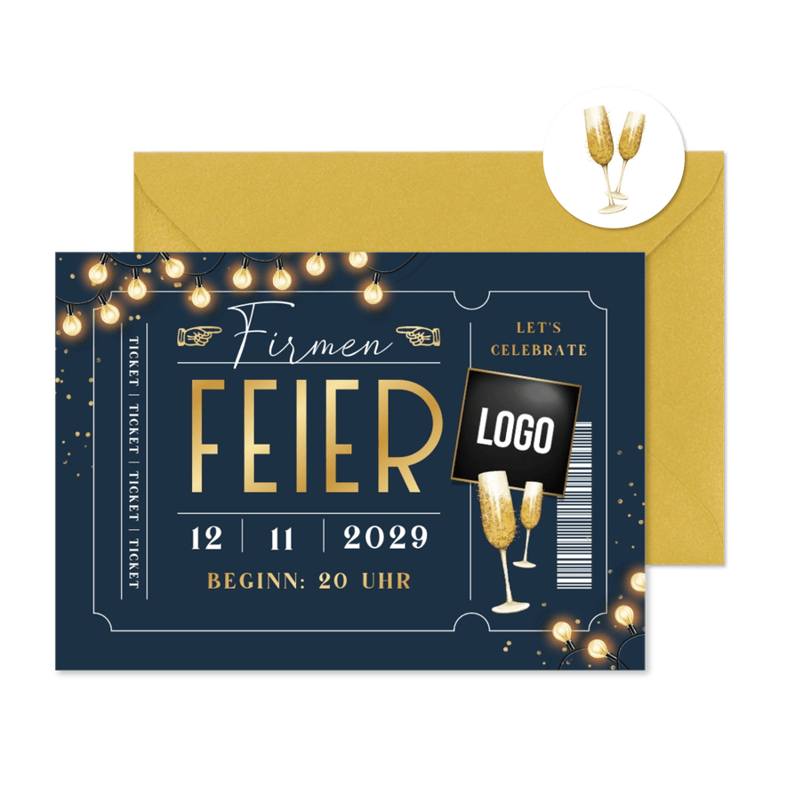 Ticket Einladungskarte Firmenfeier Sektgläser - Karteneindruck