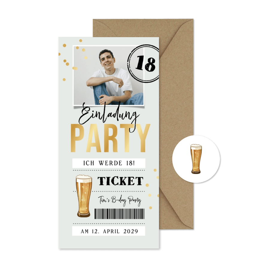Ticket-Einladungskarte mit Foto zum 18. Geburtstag - Karteneindruck
