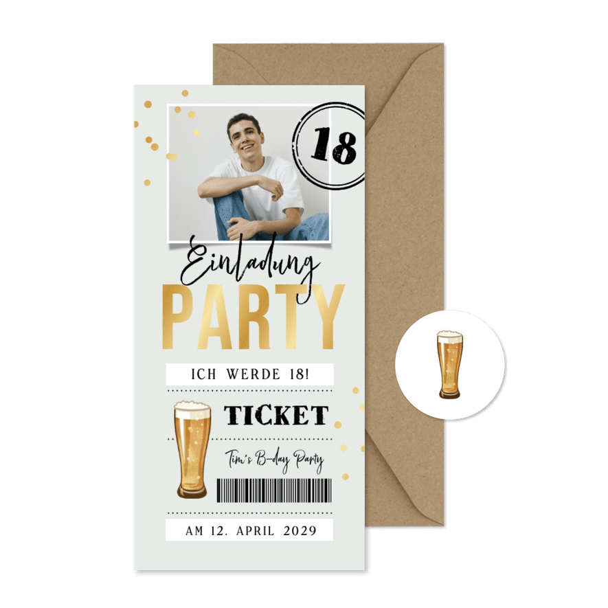 Ticket-Einladungskarte mit Foto zum 18. Geburtstag - Kartenvorschau