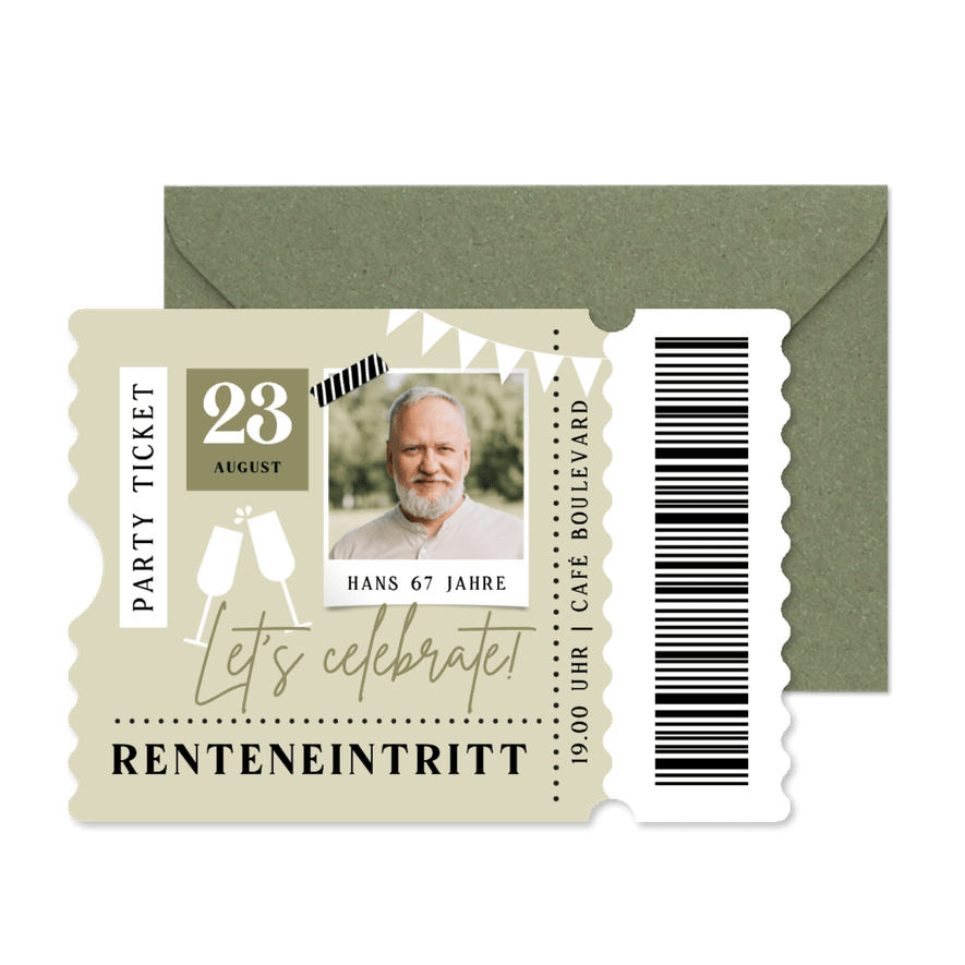 Ticket Einladungskarte Renteneintritt Foto - Karteneindruck

