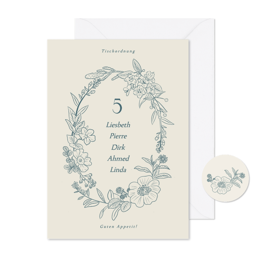 Tischnummer Gruppentischkarte blauer Blumenkranz klassisch - Karteneindruck
