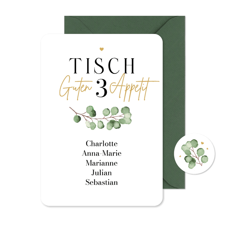 Tischnummerkarte Eukalyptuszweig Aquarell Tischgruppe - Karteneindruck
