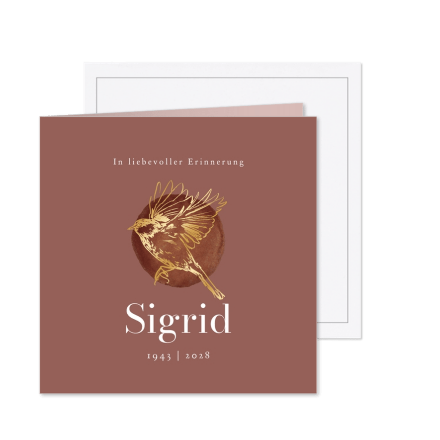 Traueranzeige rostrot Vogel gold - Karteneindruck