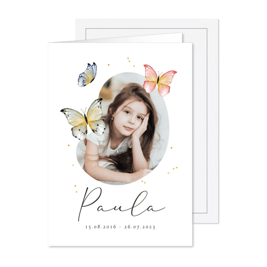 Trauerfeier Einladung Foto & Schmetterlinge  - Karteneindruck
