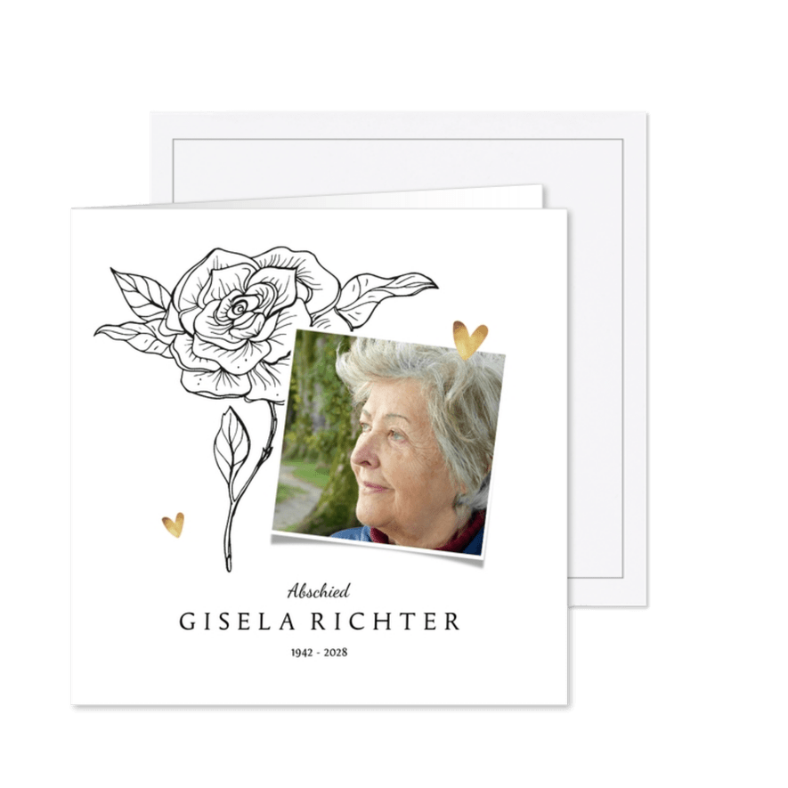 Trauerfeier Einladungskarte Foto & schwarze Rose - Karteneindruck