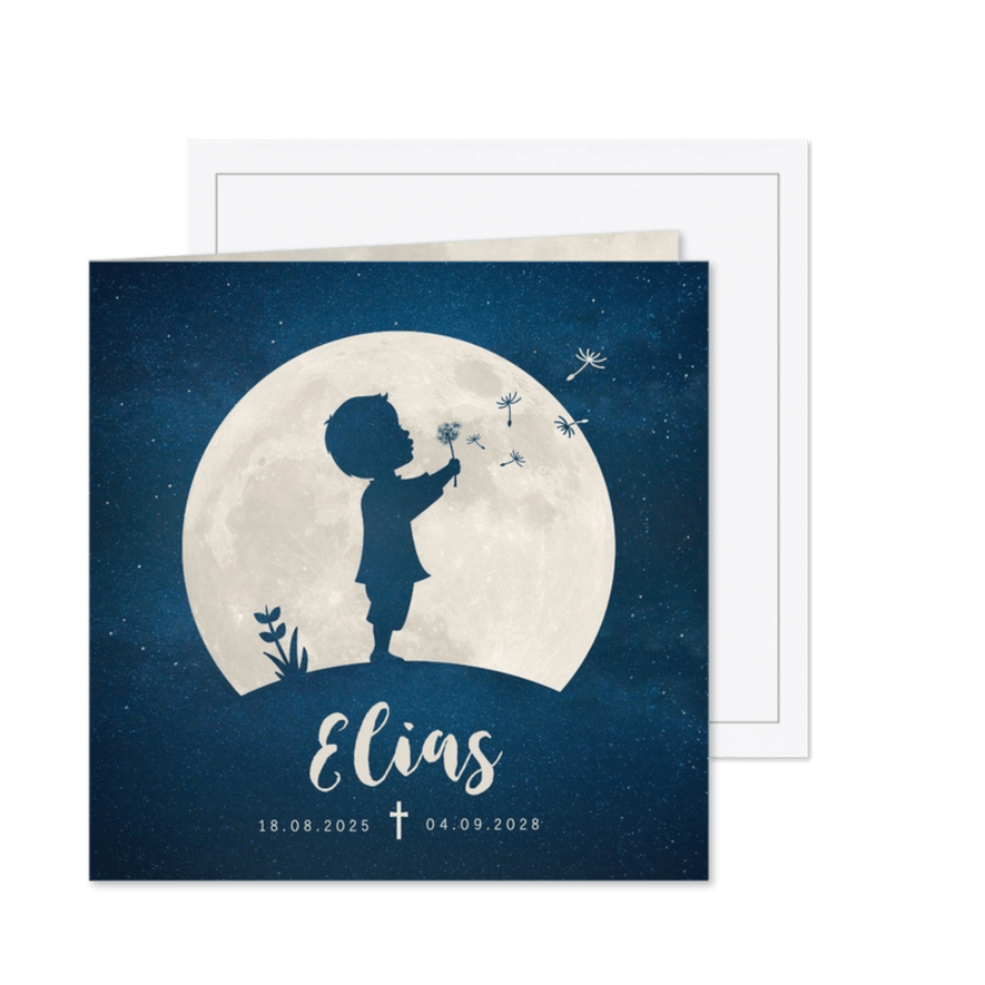 Trauerkarte Abschied Junge mit Vollmond & Pusteblume  - Karteneindruck
