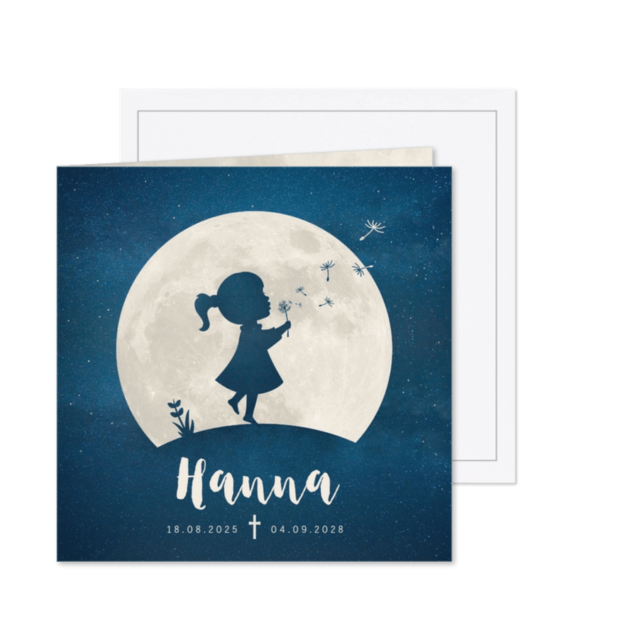 Trauerkarte Abschied Mädchen mit Vollmond & Pusteblume  - Karteneindruck
