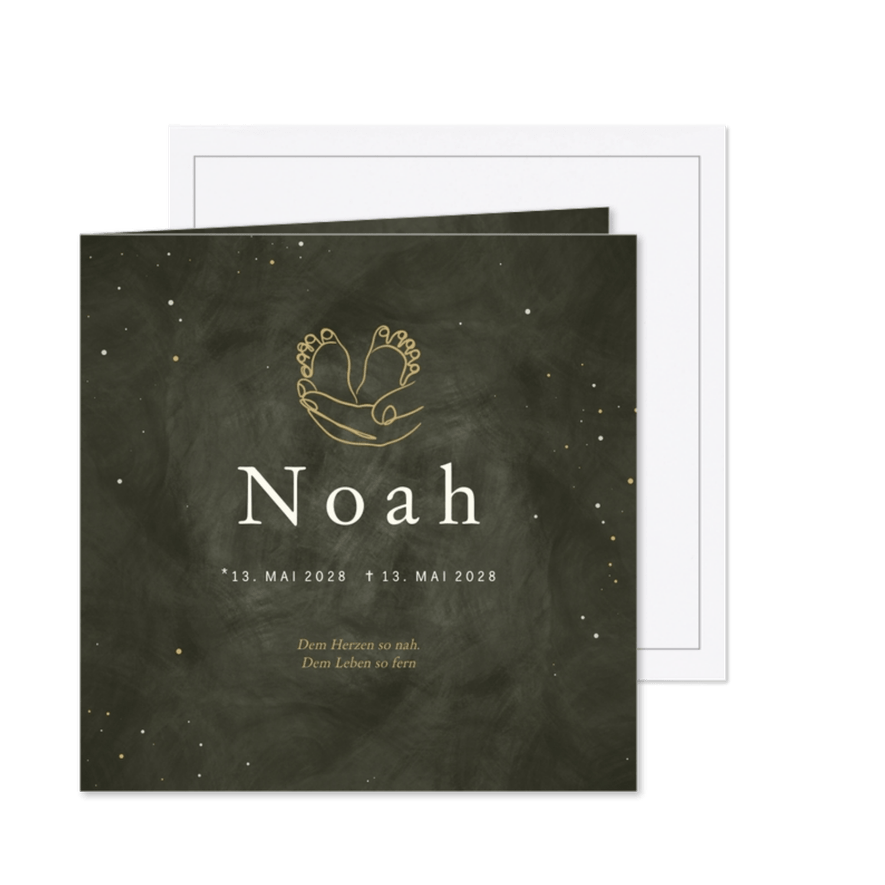 Trauerkarte Babyfüße in Händen dunkelgrün - Karteneindruck
