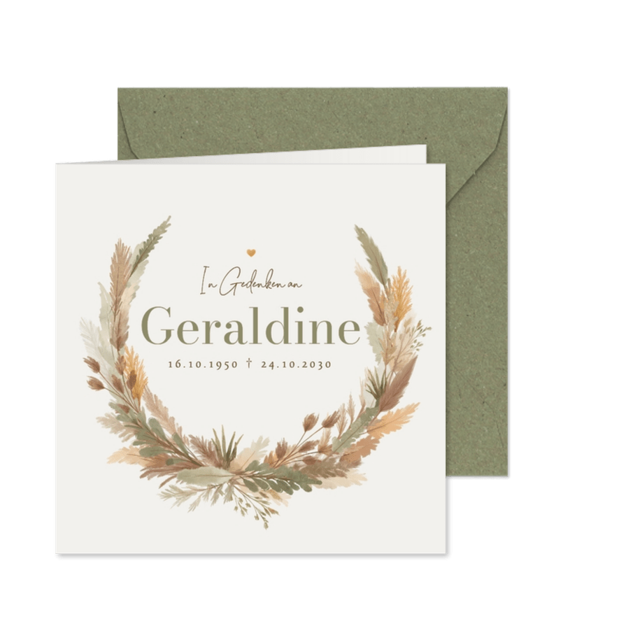 Trauerkarte Einladung Kranz Trockenblumen - Karteneindruck
