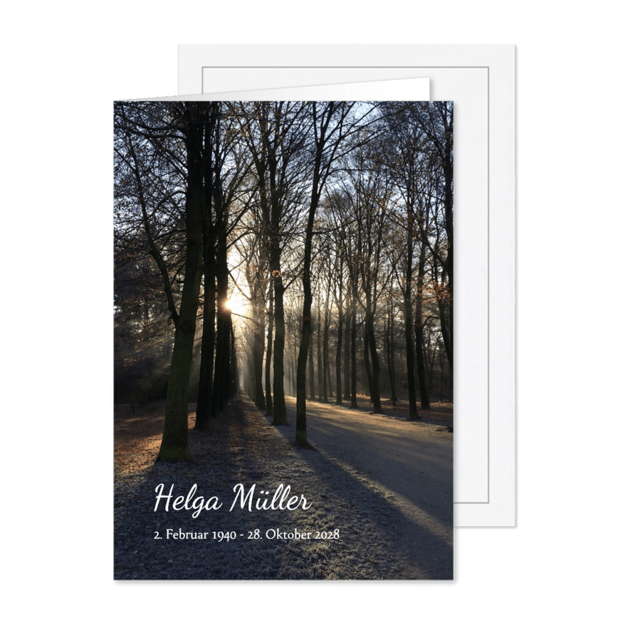 Trauerkarte Einladung Trauerfeier Waldweg & Sonnenuntergang - Kartenvorschau