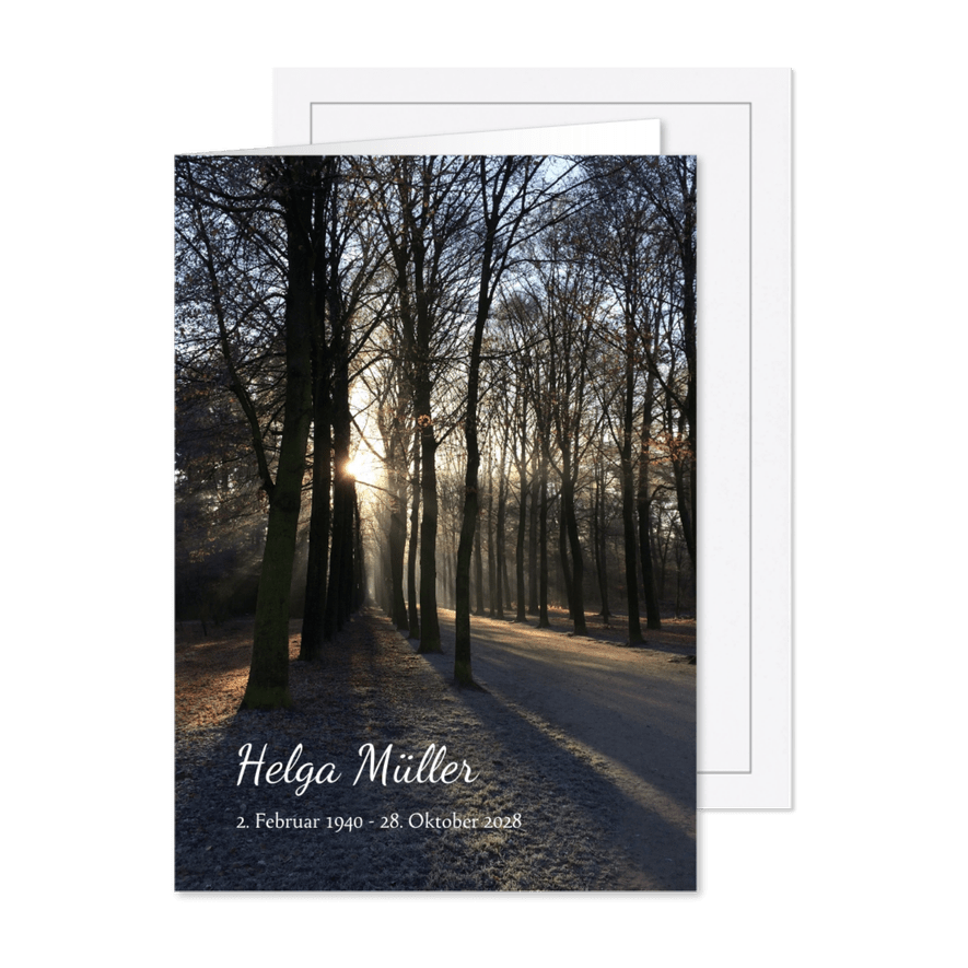 Trauerkarte Einladung Trauerfeier Waldweg & Sonnenuntergang - Karteneindruck