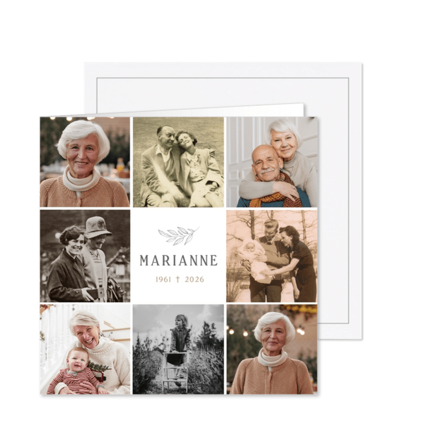 Trauerkarte Fotocollage Quadrate 8 Fotos Zweig - Kartenvorschau