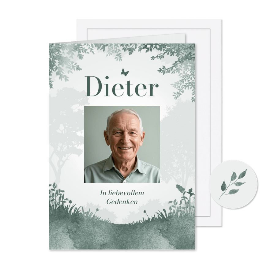 Trauerkarte Friedwald Aquarelloptik schlicht mit Foto - Karteneindruck