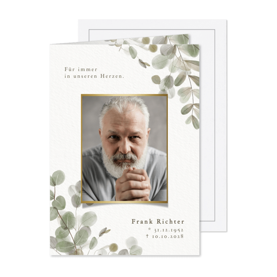 Trauerkarte mit zarten Zweigen und Foto - Karteneindruck
