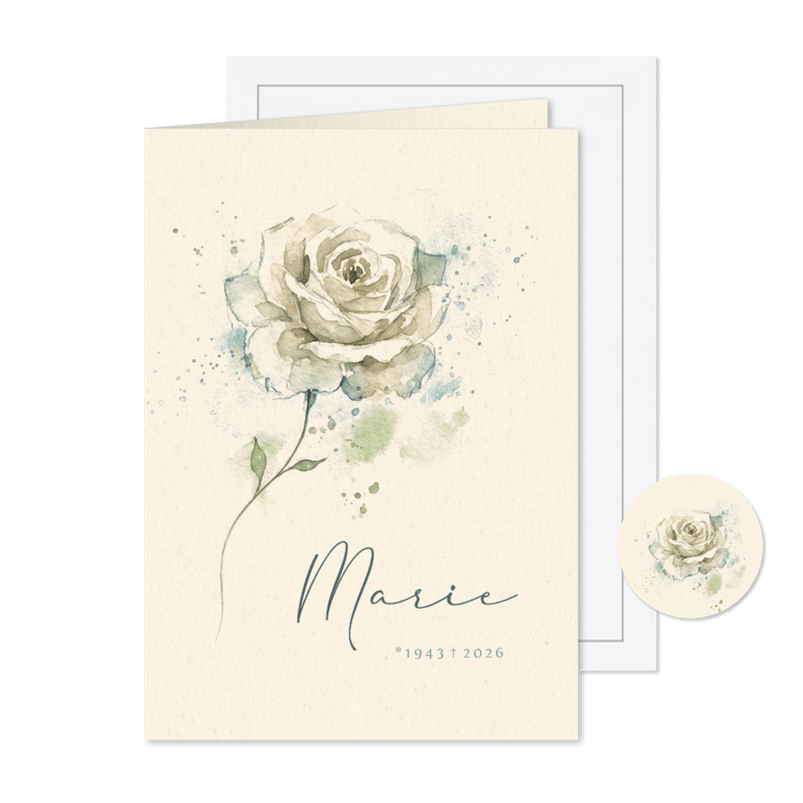 Trauerkarte Rose Aquarell klassisch Name - Kartenvorschau