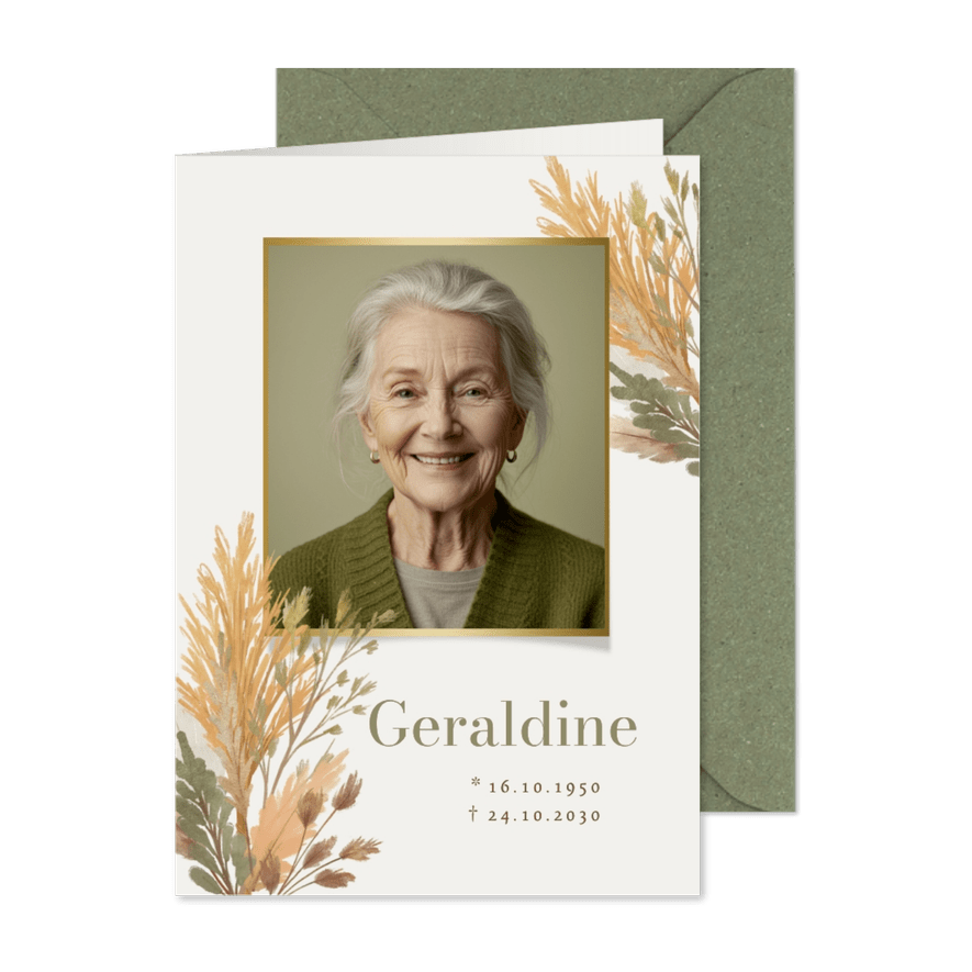 Trauermitteilung Foto Trockenblumen und Zweige - Karteneindruck