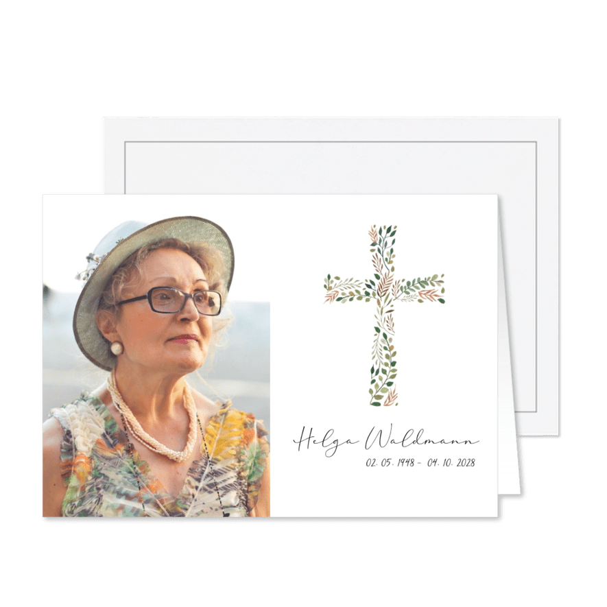 Trauermitteilung Kreuz mit Blumenornamentik - Karteneindruck