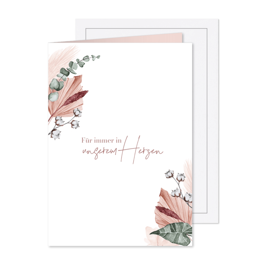 Trauermitteilung Stillgeburt mit altrosa Blumengesteck - Karteneindruck
