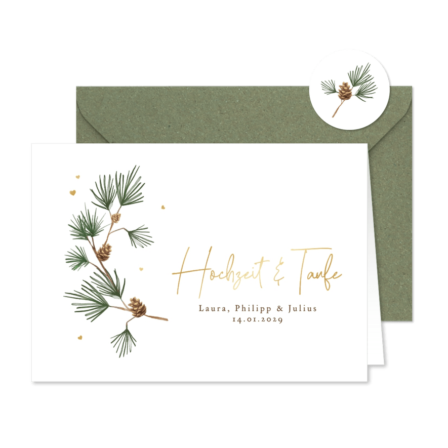 Traufe-Einladung Winterhochzeit Tannenzweige - Karteneindruck