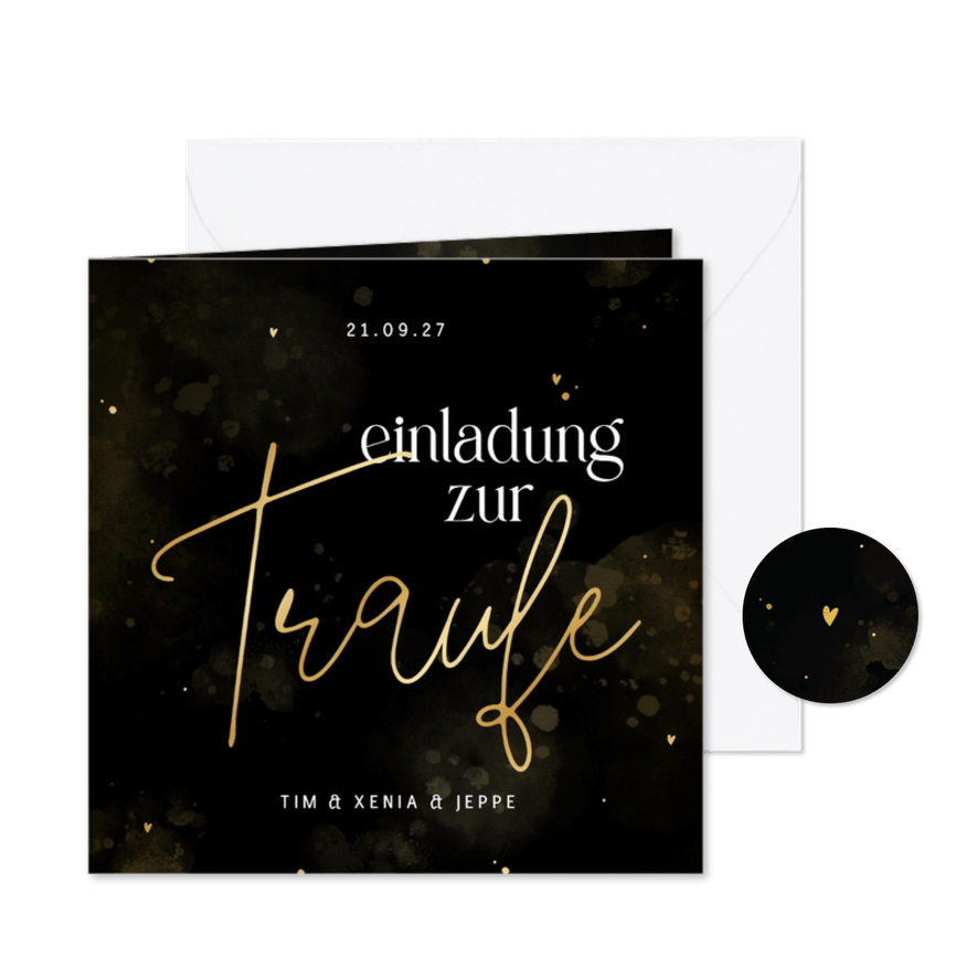 Traufe Einladungskarte 'We say yes' schwarz-gold - Karteneindruck
