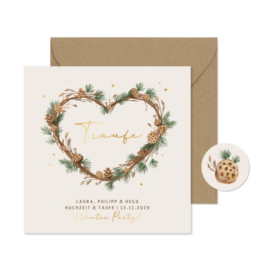 Traufe Einladungskarte Winterhochzeit Herz Tannenzweige - Karteneindruck
