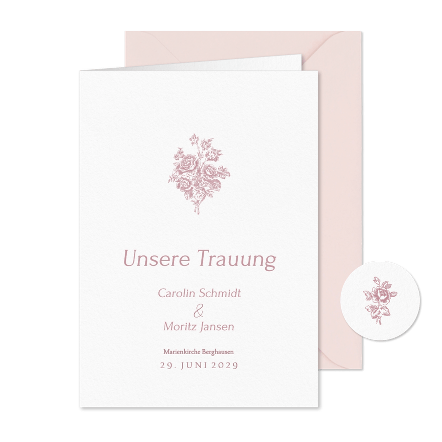 Trauheft kirchliche Hochzeit romantische Rosen rosa - Karteneindruck
