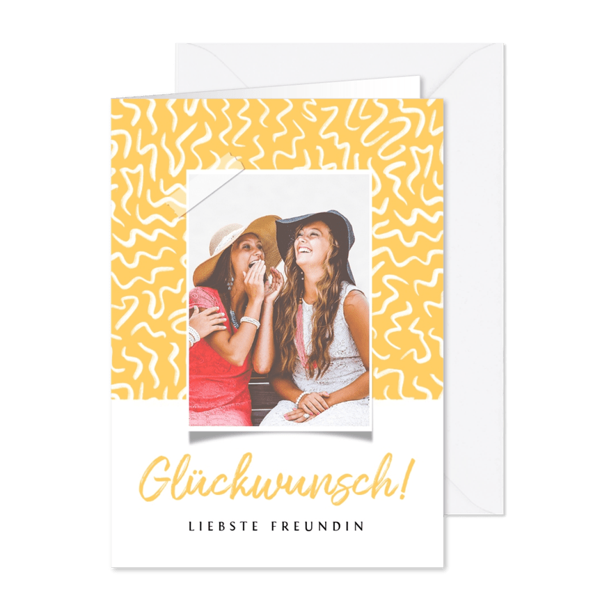 Trendy Glückwunschkarte gelb mit Foto - Karteneindruck