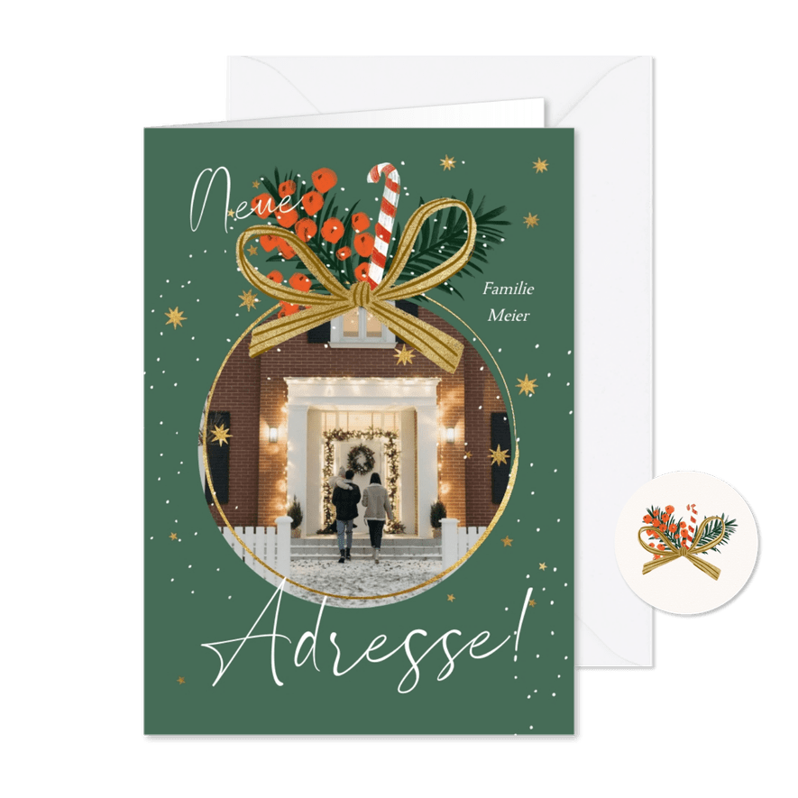 Umzugs-Weihnachtskarte Foto in Weihnachtskugel - Karteneindruck
