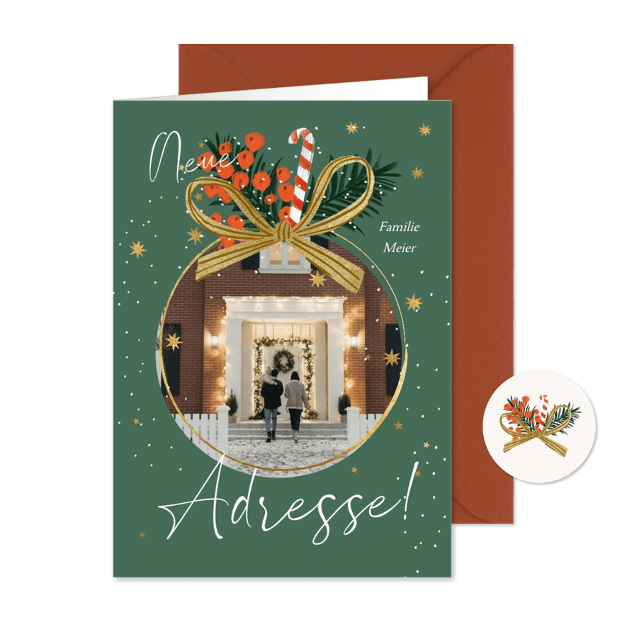 Umzugs-Weihnachtskarte Foto in Weihnachtskugel - Karteneindruck