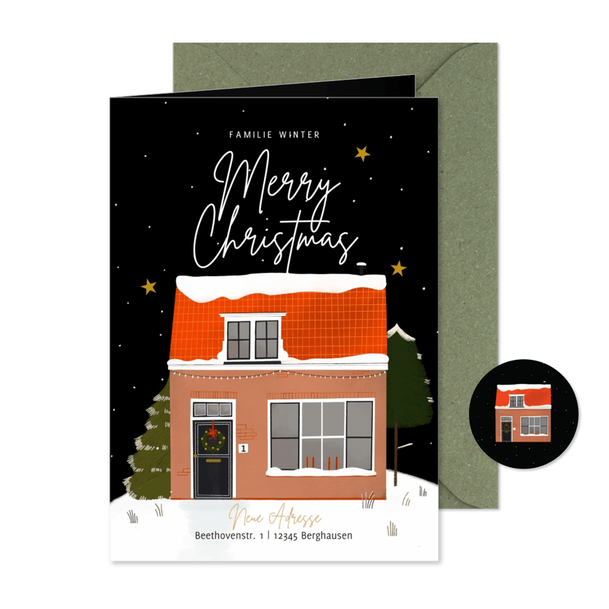 Umzugs-Weihnachtskarte Haus im Schnee - Karteneindruck
