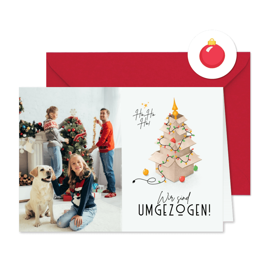 Umzugs-Weihnachtskarte Kartons mit Lichterkette - Karteneindruck