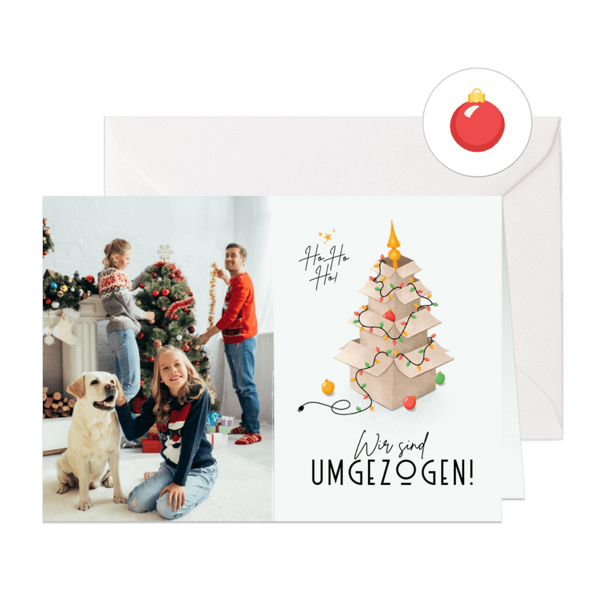 Umzugs-Weihnachtskarte Kartons mit Lichterkette - Karteneindruck
