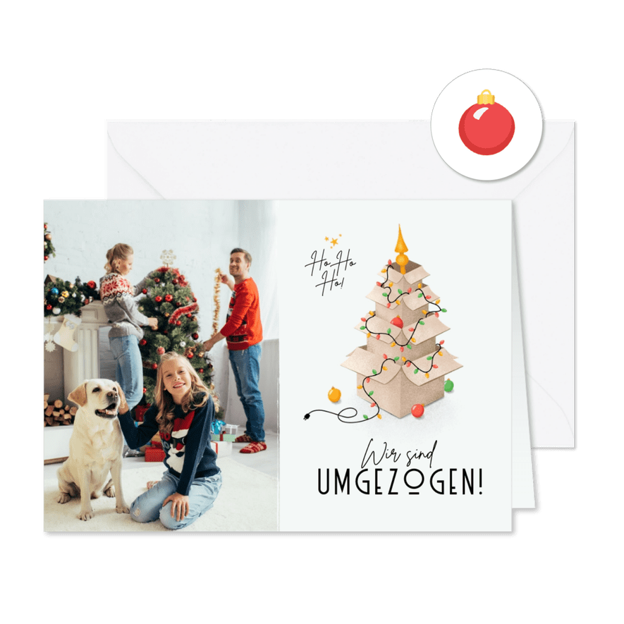 Umzugs-Weihnachtskarte Kartons mit Lichterkette - Karteneindruck