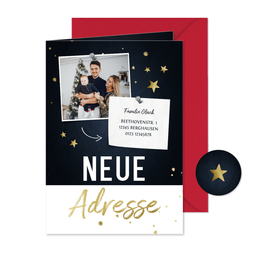 Umzugs-Weihnachtskarte mit Foto und Sternen - Kartenvorschau