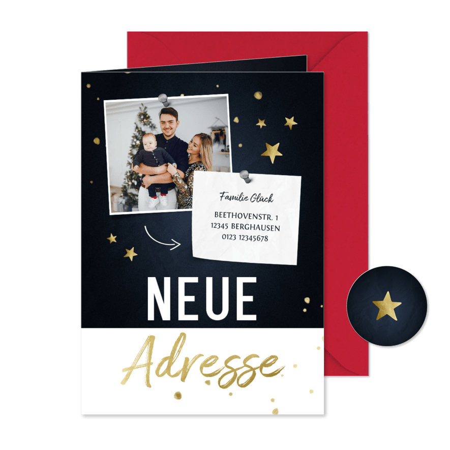 Umzugs-Weihnachtskarte mit Foto und Sternen - Karteneindruck
