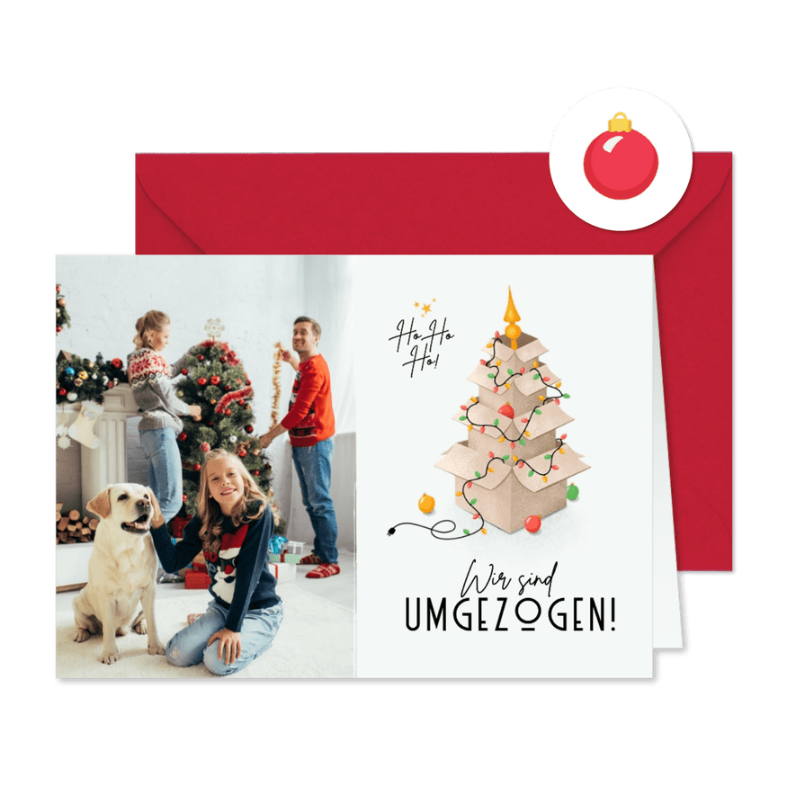 Umzugs-Weihnachtskarte mit Lichterkette um Kartons - Karteneindruck
