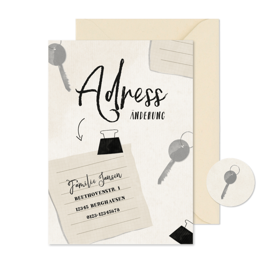 Umzugskarte Adressänderung mit Zettel und Schlüsseln - Karteneindruck
