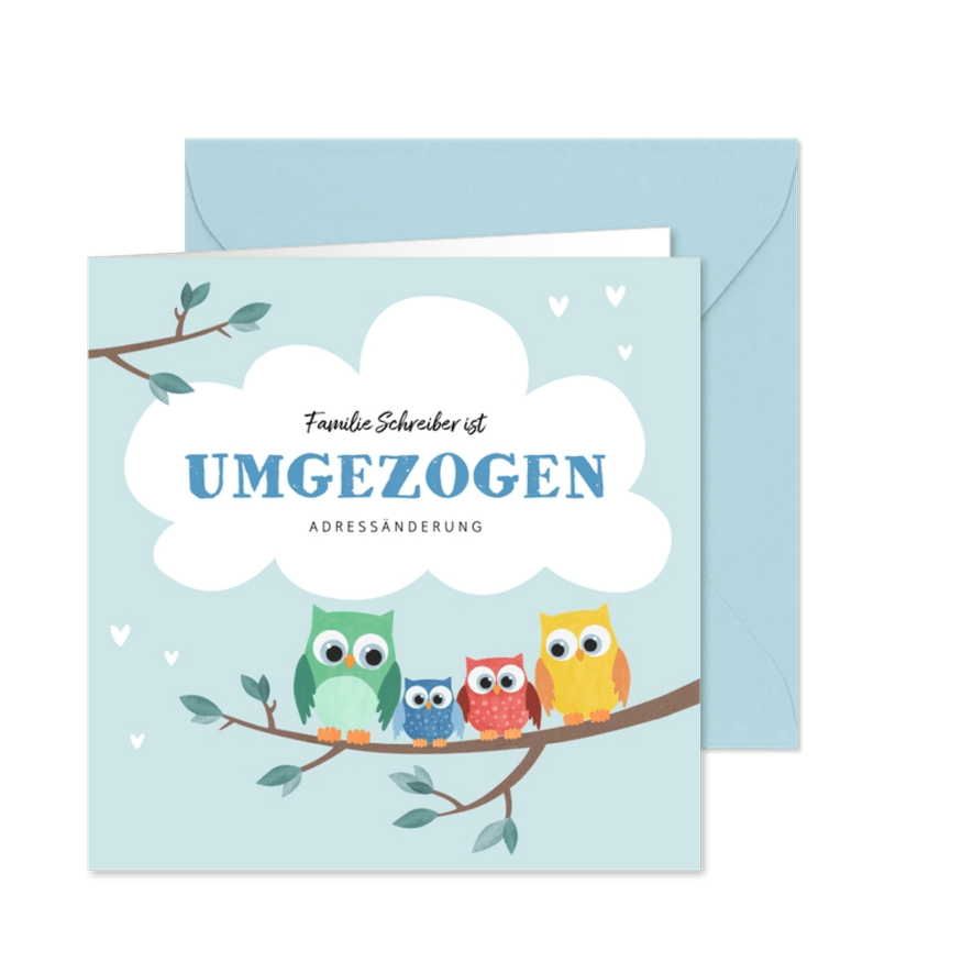Umzugskarte Eulenfamilie - Karteneindruck