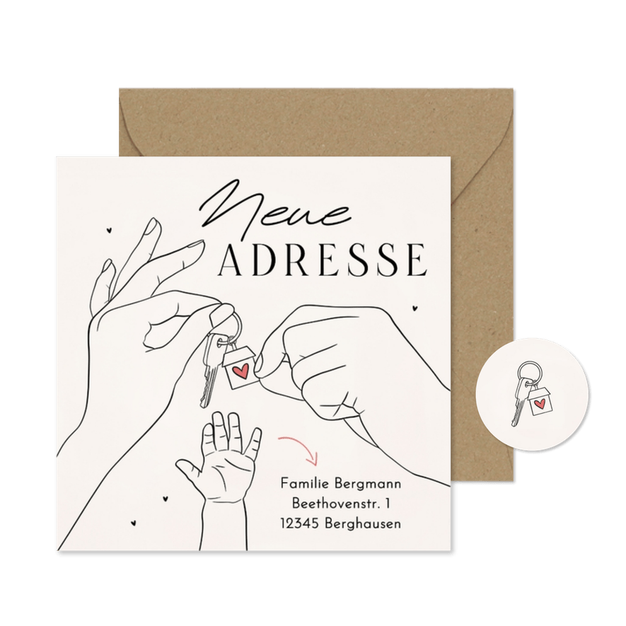 Umzugskarte Familie Hände Schlüsselbund Linienzeichnung - Karteneindruck
