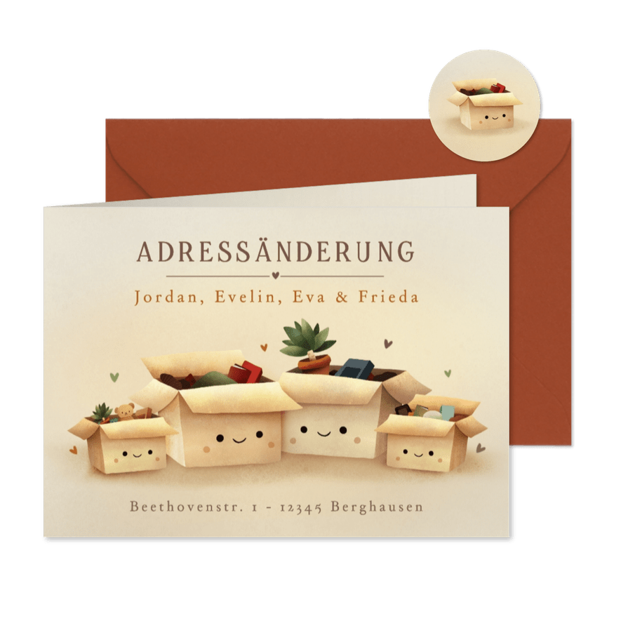 Umzugskarte Familie Kartons mit Gesicht Adressänderung  - Karteneindruck
