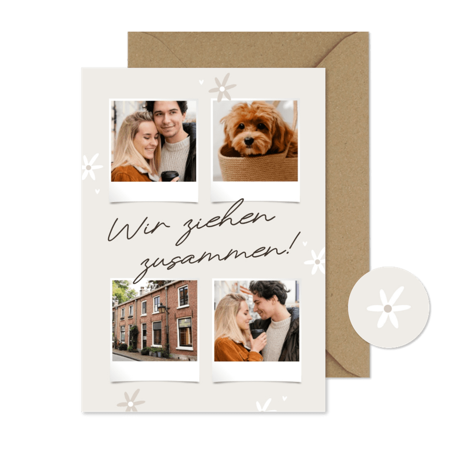 Umzugskarte Fotocollage 'Wir ziehen zusammen' Blümchen - Karteneindruck