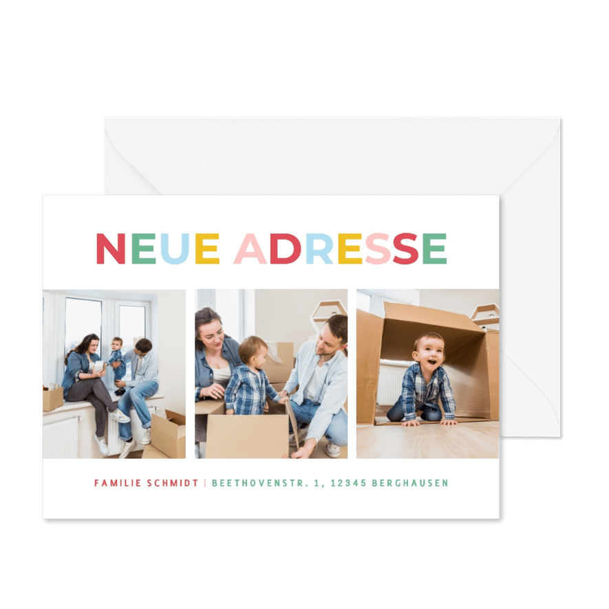 Umzugskarte Fotoreihe & bunte Schrift  - Kartenvorschau
