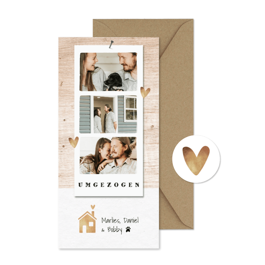 Umzugskarte Fotostreifen auf Holz - Karteneindruck
