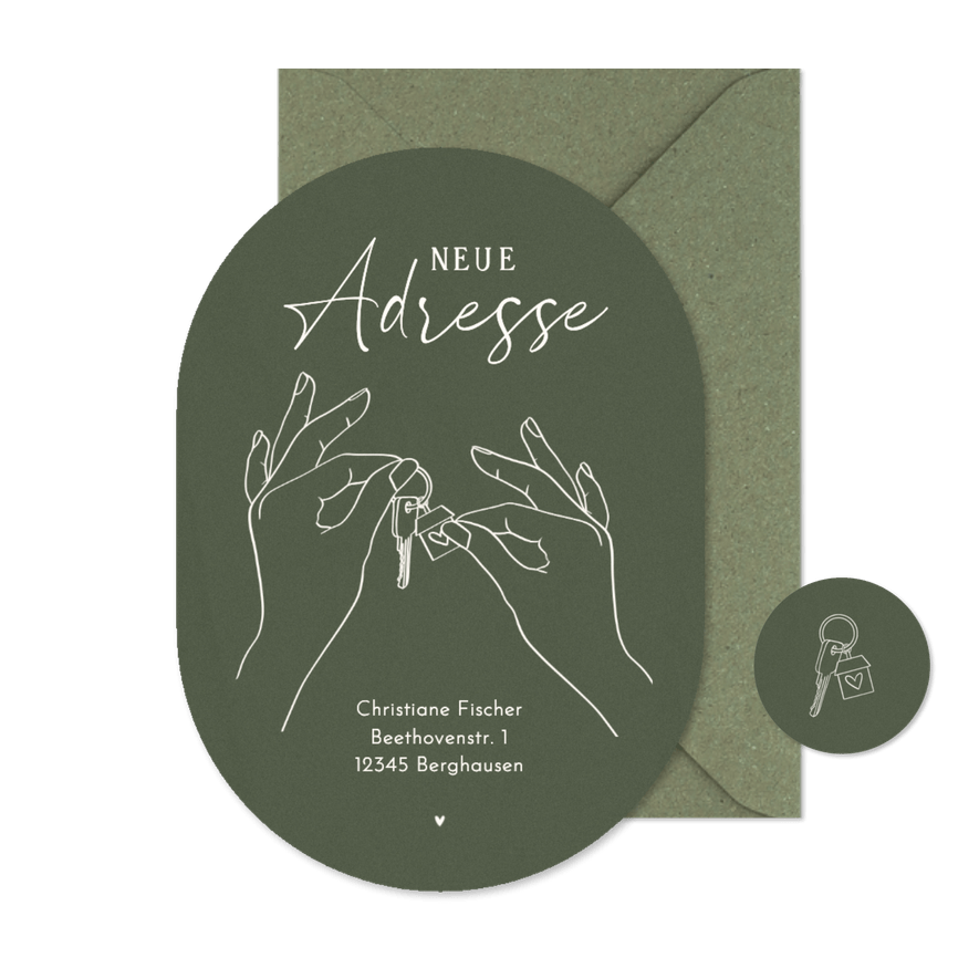 Umzugskarte Hände mit Schlüsselbund olivgrün - Karteneindruck