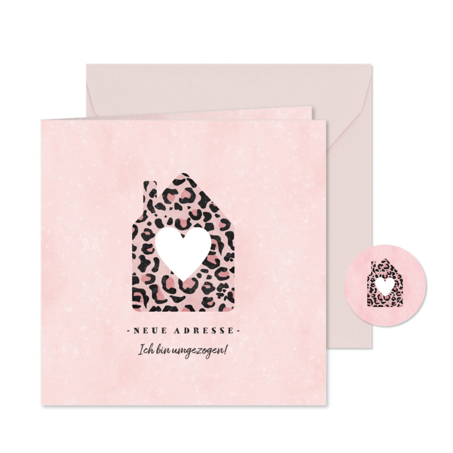 Umzugskarte Haus mit Herz Leopardenprint - Karteneindruck