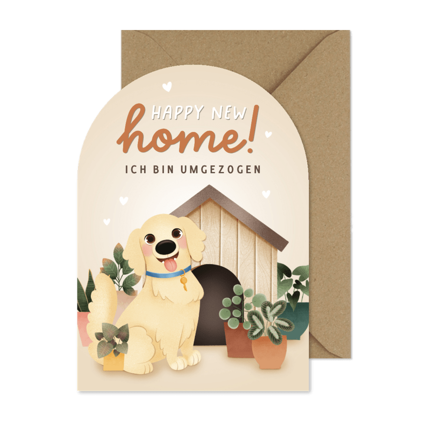 Umzugskarte Hund mit Hundehütte 'Happy New Home' - Kartenvorschau