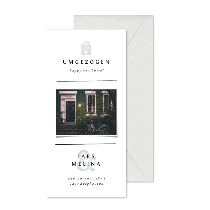 Umzugskarte in weiß mit Foto und einem kleinen Haus - Karteneindruck