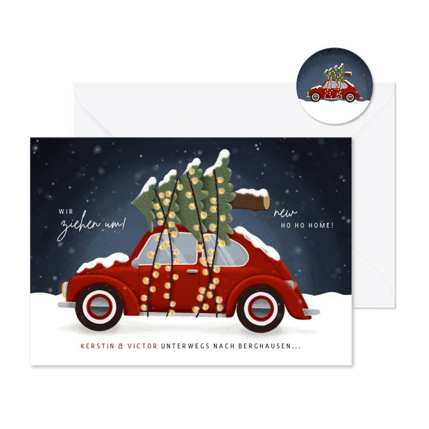 Umzugskarte Käfer mit Weihnachtsbaum - Karteneindruck